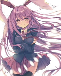 Rule 34 | 1girl, animal ears, black thighhighs, blazer, breasts, closed mouth, cowboy shot, crossed arms, fang, highres, jacket, kasane (cynthia), long hair, long sleeves, looking at viewer, medium breasts, necktie, pleated skirt, purple hair, purple skirt, rabbit ears, red necktie, reisen udongein inaba, shirt, simple background, skin fang, skirt, smile, solo, standing, thighhighs, touhou, v-shaped eyebrows, white background, white shirt