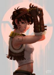 Rule 34 | 1girl, alternate hair length, alternate hairstyle, breasts, brown gloves, brown hair, d.va (overwatch), dirty, dirty face, earrings, erin winn, eyelashes, facial mark, gloves, goggles, jewelry, junker d.va, lips, looking at viewer, making-of available, midriff, navel, nose, official alternate costume, overwatch, overwatch 1, scavenger d.va, short hair, sleeveless, small breasts, solo, stud earrings, tattoo, thick eyebrows, upper body, vest, whisker markings