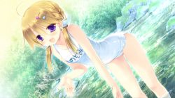 Rule 34 | 1girl, blonde hair, character name, game cg, gangsta republica, hair ornament, hairclip, miyasu risa, one-piece swimsuit, outdoors, purple eyes, school swimsuit, short hair, smile, solo, star (symbol), swimsuit, tokimori nozomi, twintails, water, white one-piece swimsuit, white school swimsuit, whitesoft