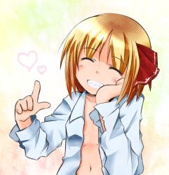 Rule 34 | 1girl, blonde hair, embodiment of scarlet devil, closed eyes, female focus, flat chest, grin, heart, highres, looking at viewer, navel, open clothes, open shirt, rumia, sachou, shirt, smile, solo, touhou, upper body