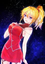 Rule 34 | 1girl, blonde hair, blue eyes, breasts, excellen browning, garter straps, hand on own chest, highres, large breasts, looking at viewer, looking down, pencil skirt, skirt, solo, super robot wars, super robot wars original generation, thigh strap, turtleneck, violetto-181