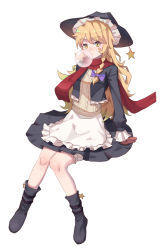 Rule 34 | 1girl, alternate costume, apron, black footwear, black skirt, blonde hair, blush, boots, bow, brown mittens, blowing bubbles, chewing gum, du mogu, frilled apron, frilled hat, frilled jacket, frills, full body, hair bow, hat, highres, invisible chair, jacket, kirisame marisa, knee boots, knees together feet apart, long hair, long sleeves, looking at viewer, mittens, no socks, nose blush, purple bow, red scarf, ribbed sweater, scarf, simple background, sitting, skirt, solo, star (symbol), sweater, thick eyebrows, touhou, very long hair, waist apron, white apron, white background, witch hat, yellow eyes, yellow sweater