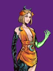 Rule 34 | 1girl, asymmetrical arms, black sclera, bone, breasts, colored sclera, crescent, dress, glowing arm, green lips, hades (series), hades 2, highres, laurel crown, melinoe (hades), mismatched sclera, official alternate costume, orange dress, see-through body, sethkiel, sideboob, skeletal arm, small breasts, solo