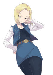 Rule 34 | 1girl, android 18, blonde hair, blue jacket, breasts, collarbone, denim, denim jacket, denim skirt, dragon ball, forehead, hatching (texture), highres, jacket, linear hatching, looking down, pantyhose, simple background, skirt, small breasts, solo, usatsuka eiji, white background