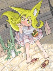 Rule 34 | 1girl, animal ears, barefoot, between toes, blonde hair, blush, burger, child, doitsuken, dragon, dress, eating, feet, female focus, food, from above, highres, lettuce, looking up, matching hair/eyes, messy, original, shoe dangle, shoes, unworn shoes, sitting, tail, toes, tomato, yellow eyes
