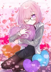 Rule 34 | 1girl, absurdres, black-framed eyewear, black dress, blush, bob cut, brown pantyhose, closed mouth, commentary request, dress, fate/grand order, fate (series), glasses, grey jacket, hair over one eye, harukappa, heart, heart-shaped pillow, highres, hood, hood down, hooded jacket, hugging object, jacket, long sleeves, looking at viewer, mash kyrielight, multicolored clothes, multicolored jacket, one eye covered, open clothes, open jacket, pantyhose, pillow, pillow hug, pink hair, purple eyes, short hair, sitting, smile, solo, two-tone jacket, white jacket