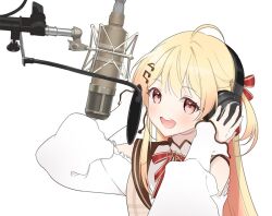 Rule 34 | 1girl, ahoge, black headphones, blonde hair, blush, brown dress, brown sailor collar, clothing cutout, dot nose, dress, fortissimo, hair between eyes, hair ornament, hair ribbon, hand on headphones, hands up, headphones, hololive, hololive dev is, long sleeves, looking at viewer, microphone, musical note, musical note hair ornament, neck ribbon, one side up, open mouth, otonose kanade, plaid, plaid dress, puffy long sleeves, puffy sleeves, red eyes, red ribbon, ribbon, sailor collar, shirt, shoulder cutout, simple background, smile, solo, studio microphone, turtleneck, upper body, virtual youtuber, white background, white shirt, zeroperpect