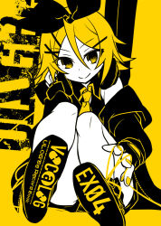Rule 34 | 1girl, bare legs, bare shoulders, blonde hair, bow, coat, fingerless gloves, gloves, hair bow, hair ornament, hair ribbon, hairclip, kagamine rin, looking at viewer, monochrome, nail polish, necktie, negi (ulog&#039;be), orange theme, ribbon, shirt, shoes, short hair, shorts, sitting, sleeveless, sleeveless shirt, smile, sneakers, solo, spot color, vocaloid, yellow background, yellow theme