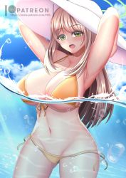 Rule 34 | armpits, bikini, blonde hair, blue archive, breasts, green eyes, halo, hat, hexelica, large breasts, navel, nonomi (blue archive), nonomi (swimsuit) (blue archive), open mouth, partially submerged, partially underwater shot, swimsuit, underwater, untied bikini, yellow bikini