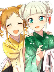 Rule 34 | 2girls, :d, :o, absurdres, aikatsu!, aikatsu! (series), aqua eyes, blunt bangs, blush, brown hair, closed eyes, drill hair, facing viewer, fang, flower, green kimono, hair flower, hair ornament, hands on another&#039;s shoulders, highres, japanese clothes, kimono, long sleeves, looking at viewer, multiple girls, obi, open mouth, sash, sekina, silver hair, simple background, smile, todo yurika, twin drills, white background, wide sleeves, yellow kimono