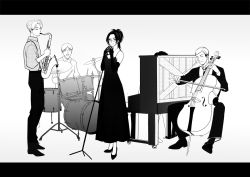 Rule 34 | 1girl, 3boys, band, cello, cymbals, dress, drum, drum set, elbow gloves, erwin smith, formal, glasses, gloves, greyscale, hange zoe, highres, instrument, levi (shingeki no kyojin), microphone, microphone stand, mike zakarius, monochrome, monochrome, multiple boys, nanaba, piano, rakuko, saxophone, shingeki no kyojin, suit, suspenders