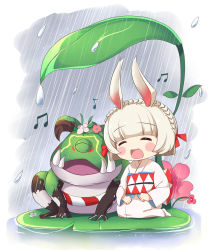 Rule 34 | :d, animal ears, blunt bangs, blush stickers, braid, closed eyes, commentary, commentary request, english commentary, facing viewer, flower, frog, highres, ikazu401, japanese clothes, kimono, leaf, lily pad, long sleeves, mini person, minigirl, musical note, obi, onmyoji, open mouth, rabbit, rabbit ears, rain, red flower, sash, seiza, shikigami, short hair, sitting, smile, white kimono, yamausagi