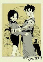 Rule 34 | 2boys, 2girls, alternate universe, backwards hat, bike shorts, bulma, bulma (future), cigarette, clenched hands, commentary request, dragon ball, dragonball z, english text, greyscale, hat, highres, hood, hoodie, jacket, low twintails, mechanical arms, monochrome, multiple boys, multiple girls, pink mousse, scar, scar across eye, single mechanical arm, smile, smoke, smoking, son gohan, son gohan (future), sword, trunks (dragon ball), trunks (future) (dragon ball), twintails, videl, weapon, weapon on back