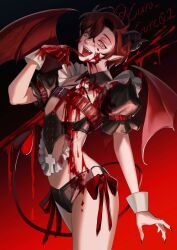 Rule 34 | 1boy, absurdres, ahoge, alternate costume, belt, black horns, black shorts, black sleeves, blood, blood on body, blood on clothes, blood on face, blood on hands, blood splatter, chest belt, cross, curled horns, curo (curo 02), demon horns, demon tail, demon wings, detached collar, fangs, finger to mouth, fingernails, frills, gradient background, hair between eyes, highres, holostars, holostars english, horns, long fingernails, looking at viewer, machina x flayon, male focus, o-ring, o-ring bottom, open mouth, orange eyes, parted bangs, pointy ears, puffy short sleeves, puffy sleeves, red belt, red hair, red ribbon, red wings, ribbon, sharp fingernails, short hair, short shorts, short sleeves, shorts, smile, solo, tail, twitter username, virtual youtuber, wings, wrist cuffs