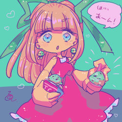 Rule 34 | 1girl, android, blonde hair, blue background, blush, capcom, dress, earrings, food, fringe trim, hair ornament, hair ribbon, holding, ice cream, ice cream cup, ice cream spoon, japanese text, jewelry, joints, long hair, looking at viewer, lowres, mega man (classic), mega man (series), met (mega man), pov, red dress, ribbon, robot joints, roll (mega man), signature, simple background, solo, solo focus, speech bubble, spoon, text focus