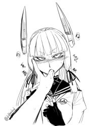 Rule 34 | 10s, 1girl, blunt bangs, blush, didloaded, dress, finger in another&#039;s mouth, fingerless gloves, full-face blush, gloves, greyscale, hair ornament, hair ribbon, headgear, holding another&#039;s arm, kantai collection, licking, licking finger, long hair, looking at viewer, monochrome, murakumo (kancolle), ribbon, sailor collar, sailor dress, saliva, simple background, solo focus, sweat, tongue, tongue out, white background