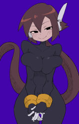 Rule 34 | 1girl, absurdres, aile (mega man zx), black bodysuit, black eyes, blue background, blush, bodysuit, breasts, brown hair, buzzlyears, covered navel, highres, large breasts, long hair, mega man (series), mega man zx, mega man zx advent, ponytail, robot ears, smug, solo, upper body