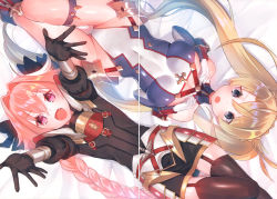 Rule 34 | 1boy, 1girl, absurdres, astolfo (fate), bare shoulders, black bow, black skirt, black thighhighs, blonde hair, blue eyes, blush, bow, bowtie, bradamante (fate), bradamante (first ascension) (fate), braid, breasts, cleavage, covered navel, crease, elbow gloves, fate/grand order, fate (series), french braid, from above, gloves, hair between eyes, hair intakes, highleg, highleg leotard, highres, leotard, long hair, looking at viewer, multicolored hair, open mouth, pink hair, purple eyes, scan, scan artifacts, short hair, single braid, skirt, smile, streaked hair, suzuho hotaru, thighhighs, thighs, trap, twintails, underwear, very long hair