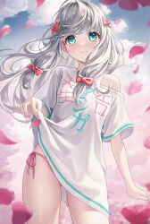 Rule 34 | 1girl, bad id, bad twitter id, blue sky, bow, breasts, closed mouth, clothes lift, cloud, commentary request, cowboy shot, eromanga sensei, green eyes, grey hair, hair bow, highres, izumi sagiri, lifting own clothes, lips, long hair, looking at viewer, low-tied long hair, myless, nail polish, off shoulder, oversized clothes, oversized shirt, panties, pedal, pink bow, pink nails, pink panties, shirt, shirt lift, side-tie panties, sky, small breasts, solo, straight-on, underwear, white shirt