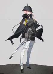 Rule 34 | arm guards, black cloak, black footwear, black pants, boots, breasts, cloak, combat boots, combat shirt, commentary, covered face, gloves, gun, hand guard, handgun, harness, helmet, highres, holding, holding weapon, holster, holstered, knee guards, long hair, looking at viewer, medium breasts, military, combat helmet, military uniform, multicolored clothes, multicolored legwear, neco, open mouth, original, pants, passport, pickelhaube, pink eyes, pink hair, pistol, pith helmet, rifle, shin guards, smile, spiked helmet, stahlhelm, strap, tagme, thigh holster, translated, uniform, weapon, white legwear