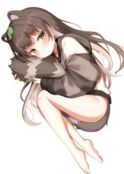 Rule 34 | 1girl, animal ear fluff, animal ears, barefoot, blush, bottomless, brown hair, closed mouth, collar, colored inner hair, commentary request, full body, green eyes, hair ornament, highres, hood, hoodie, hugging own tail, hugging tail, leaf hair ornament, long hair, long sleeves, looking at viewer, mannack, multicolored hair, original, raccoon ears, raccoon tail, red collar, solo, striped clothes, striped hoodie, tail, white hair