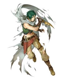 Rule 34 | 1boy, dagger, fire emblem, fire emblem: radiant dawn, fire emblem heroes, full body, green hair, highres, knife, male focus, nintendo, official art, scarf, solo, sothe, torn clothes, torn scarf, transparent background, weapon