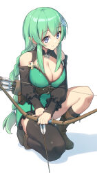 Rule 34 | 1girl, absurdres, arrow (projectile), arukiru, black sleeves, black thighhighs, blue eyes, boots, bow (weapon), braid, braided ponytail, breasts, brown footwear, cleavage, commentary request, commission, elf, green hair, hair ornament, highres, holding, holding bow (weapon), holding weapon, kneeling, large breasts, long hair, looking at viewer, original, parted lips, pointy ears, simple background, skeb commission, smile, thighhighs, thighs, weapon, white background