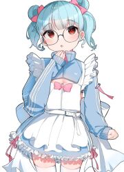 Rule 34 | 1girl, :o, apron, arm at side, back bow, belt, blue hair, blue jacket, blue skirt, blunt bangs, bow, bow apron, commentary, cropped jacket, curly sidelocks, double bun, frilled apron, frilled skirt, frills, hair bow, hair bun, hand up, hyodou shizuku, idoly pride, jacket, jersey maid, light blue hair, long sleeves, looking up, maid, miniskirt, pink bow, raised eyebrows, red eyes, sidelocks, simple background, skirt, sleeves past wrists, solo, tesa otaku, thighhighs, track jacket, twintails, unconventional maid, white apron, white background, white belt, white bow, white thighhighs, zettai ryouiki, zipper pull tab