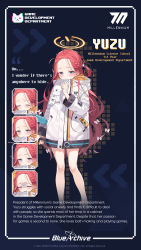 Rule 34 | 1girl, absurdres, blue archive, blush, character name, character sheet, expressions, forehead, full body, grenade launcher, halo, highres, jacket, long hair, looking at viewer, m320, modular weapon system, nyan cat, official art, purple eyes, red hair, school uniform, slippers, solo, stand-alone configuration, standing, trigger discipline, weapon, yutokamizu, yuzu (blue archive)