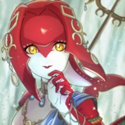 Rule 34 | 1girl, colored skin, fins, fish girl, fuku (pkseichan), hair ornament, hand up, highres, jewelry, long hair, looking at viewer, mipha, monster girl, multicolored skin, necklace, nintendo, no eyebrows, pointy ears, red hair, red lips, red skin, smile, solo, the legend of zelda, the legend of zelda: breath of the wild, two-tone skin, yellow eyes, zora