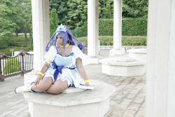 Rule 34 | 1girl, ankle boots, asian, blue eyes, blue hair, boots, bow, bracelet, breasts, choker, chouzuki maryou, cosplay, cure diamond, cure diamond (cosplay), dokidoki! precure, dress, headpiece, jewelry, large breasts, long hair, magical girl, matching hair/eyes, photo (medium), plump, ponytail, precure, puffy short sleeves, puffy sleeves, ribbon, short sleeves, sitting, solo, tiara