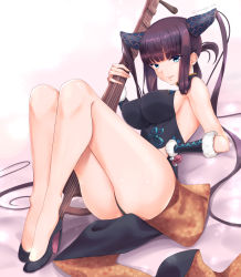 Rule 34 | 1girl, ass, bare shoulders, black dress, black footwear, blue eyes, blunt bangs, breasts, china dress, chinese clothes, detached sleeves, dress, fate/grand order, fate (series), floral print, gradient background, hair ornament, high heels, highres, iwanaga tm, knees up, large breasts, legs, long hair, looking at viewer, lying, on back, parted lips, pipa (instrument), purple hair, sidelocks, smile, solo, twintails, very long hair, yang guifei (fate), yang guifei (second ascension) (fate)