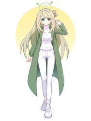 1girl arm_at_side blue_archive brown_hair casual coat full_body green_coat green_eyes hair_bun halo hibun_tsukasa highres index_finger_raised long_hair looking_at_viewer nonomi_(blue_archive) pants shirt smile turtleneck white_background white_footwear white_pants white_shirt