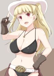 Rule 34 | 1girl, belt, bikini, black bikini, black gloves, blonde hair, blush, breasts, chaps, cleavage, cowboy hat, covered erect nipples, fingerless gloves, gloves, hat, hat tip, jewelry, kichihachi, large breasts, long hair, open mouth, pendant, red eyes, simple background, smile, solo, swimsuit, tokyo 7th sisters, two side up, uesugi u. kyouko