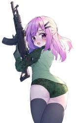 Rule 34 | 1girl, absurdres, ak-104, ass, assault rifle, blush, breasts, camouflage, camouflage jacket, camouflage shorts, gloves, green gloves, green jacket, green shorts, grey thighhighs, gun, hair between eyes, hair ornament, hairclip, half updo, hand up, highres, holding, holding gun, holding weapon, jacket, looking at viewer, looking back, open mouth, original, pink hair, purple eyes, rifle, scope, short shorts, shorts, sidelocks, simple background, sky, small breasts, solo, tandohark, thighhighs, trigger discipline, weapon, white background