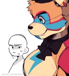 Rule 34 | 1boy, animal ears, bara, bear boy, bear ears, black bow, black bowtie, bow, bowtie, breast envy, creg (kiibbl), fang, five nights at freddy&#039;s, five nights at freddy&#039;s: security breach, freddy fazbear, from side, furry, furry male, glamrock freddy, highres, large pectorals, looking at another, looking down, male focus, meme, muscle envy, orange hair, girl staring at guys chest (meme), pectorals, solo focus, sweatdrop, upper body