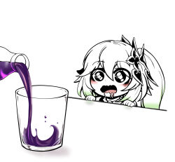 Rule 34 | 1girl, black eyes, commentary request, cup, drooling, genshin impact, green hair, highres, juice, korean commentary, multicolored hair, nahida (genshin impact), short hair, side ponytail, simple background, solo, table, uncolorcube, upper body, white background, white hair
