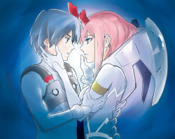 Rule 34 | 10s, 1boy, 1girl, albyee, asymmetrical horns, black hair, blue eyes, bodysuit, couple, darling in the franxx, face-to-face, facing another, forehead-to-forehead, fringe trim, gloves, green eyes, hand on another&#039;s arm, hand on another&#039;s face, heads together, hetero, hiro (darling in the franxx), horns, long hair, looking at another, oni horns, pilot suit, pink hair, red horns, short hair, white gloves, zero two (darling in the franxx)