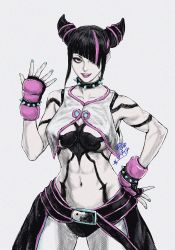 Rule 34 | 1girl, abs, belt, black hair, breasts, capcom, choker, cleavage, cleavage cutout, clothing cutout, drill hair, fingerless gloves, gloves, hair over one eye, han juri, highres, looking at viewer, multicolored hair, navel, shirt, signature, simple background, sleeveless, sleeveless shirt, solo, spiked choker, spikes, streaked hair, street fighter, street fighter 6, tobita nikiichi, toned, twin drills, underboob, white background, yin yang