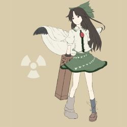 Rule 34 | 1girl, arm cannon, asymmetrical footwear, black hair, bow, cape, hair bow, highres, kawashina (momen silicon), long hair, mismatched footwear, radiation symbol, reiuji utsuho, simple background, skirt, solo, touhou, weapon, wings