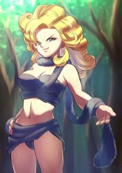 Rule 34 | 1girl, ayla (chrono trigger), blonde hair, blue eyes, breasts, caveman, chrono trigger, cleavage, closed mouth, curly hair, hand on own hip, highres, long hair, looking at viewer, smile, solo