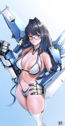 Rule 34 | 1girl, absurdres, bare legs, bare shoulders, bikini, blue eyes, blue hair, breasts, commentary, dated, english commentary, glasses, hair intakes, highres, hololive, hololive english, keisuke desu~, large breasts, looking at viewer, mecha, mechanical arms, navel, ouro kronii, panties, robot, semi-rimless eyewear, short hair, signature, solo, swimsuit, thighhighs, underwear, virtual youtuber, white thighhighs