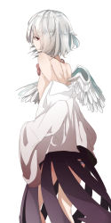 Rule 34 | 1girl, back, bad id, bad pixiv id, breasts, dress, flat chest, from behind, kishin sagume, long sleeves, looking at viewer, nipples, off shoulder, ogami ren, open clothes, open vest, purple dress, red eyes, short hair, sideboob, silver hair, simple background, single wing, solo, touhou, vest, white background, wings