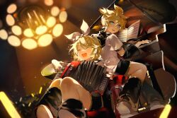 Rule 34 | 1boy, 1girl, aqua eyes, back-to-back, black sailor collar, blonde hair, blush, candelabra, candlestand, chinese commentary, closed eyes, commentary, concert, detached sleeves, glowstick, hairband, happy, headphones, highres, instrument, kagamine len, kagamine rin, looking at viewer, multiple hairpins, music, nail polish, on floor, open mouth, piano, playing instrument, playing piano, ribbon, sailor collar, sheet music, short hair, shu (pjxv7485), sidelighting, sitting, smile, stage lights, vocaloid, white ribbon