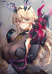 Rule 34 | 1girl, armor, bare shoulders, black dress, blonde hair, blush, breasts, brown pantyhose, chain, dress, barghest (fate), barghest (second ascension) (fate), fate/grand order, fate (series), gauntlets, green eyes, heterochromia, highres, horns, jewelry, large breasts, long hair, looking at viewer, necklace, pantyhose, pauldrons, red eyes, shoulder armor, sideboob, single gauntlet, single pauldron, solo, torottye