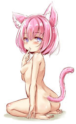 Rule 34 | 1girl, animal ear fluff, animal ears, ass, barefoot, blue eyes, blush, breasts, cat ears, cat girl, cat tail, censored, hair between eyes, light censor, nude, original, pink hair, seiza, shadow, short hair, sitting, small breasts, soles, solo, tail, tail raised, unname, white background