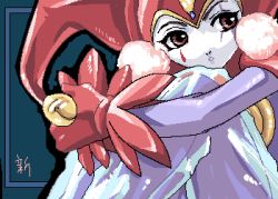 Rule 34 | 1girl, bell, bodysuit, chrono (series), chrono cross, close-up, gloves, hat, jester, jester cap, knees up, hugging own legs, lowres, pants, red eyes, see-through, skin tight, solo, harle (chrono cross), upper body