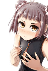 Rule 34 | &gt;:t, 10s, 1girl, :t, antenna hair, black one-piece swimsuit, blush, breast conscious, breasts, brown eyes, brown hair, casual one-piece swimsuit, competition swimsuit, covering privates, covering breasts, double bun, front zipper swimsuit, hair bun, kantai collection, kou1, looking at viewer, md5 mismatch, meme attire, naka (kancolle), one-piece swimsuit, resolution mismatch, short hair, simple background, small breasts, solo, source smaller, sweatdrop, swimsuit, upper body, v-shaped eyebrows, white background