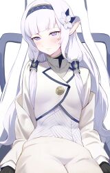 Rule 34 | 1girl, blue archive, fuji nyaga, highres, himari (blue archive), pointy ears, sitting, solo, wheelchair, white background, white hair