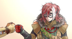 Rule 34 | 1boy, 1other, androgynous, animification, apex legends, bloodhound (apex legends), brown jacket, cable, fist bump, fur trim, fuse (apex legends), gloves, goggles, grey eyes, hair behind ear, jacket, looking down, mechanical arms, medium hair, meteolance, red gloves, red hair, single mechanical arm, white hair
